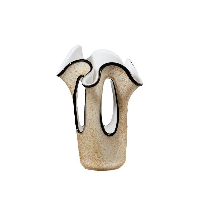 Elegant Petal-Shaped Light Brown Vase with Black Edging