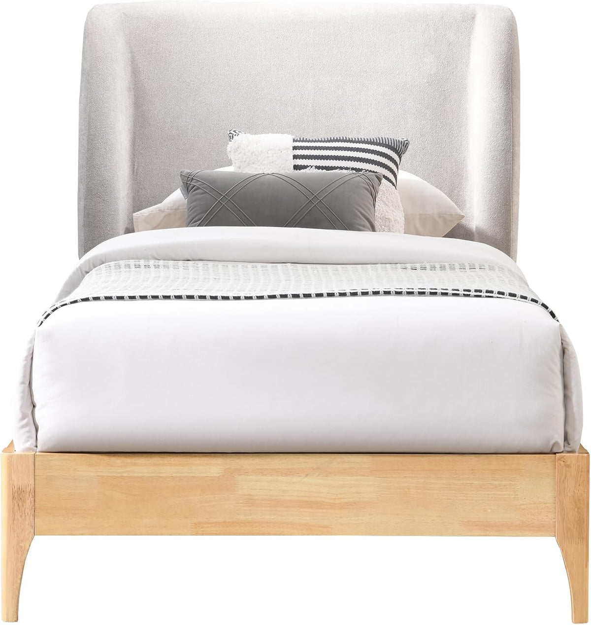 Meridian Furniture Venturagrey-T Ventura Collection Mid-Century Modern Upholstered Twin Bed, Soft Grey Fabric, Finished Rubberwood Legs, Slats, 44" W X 77.5" D X 44.5" H, Grey, Twin