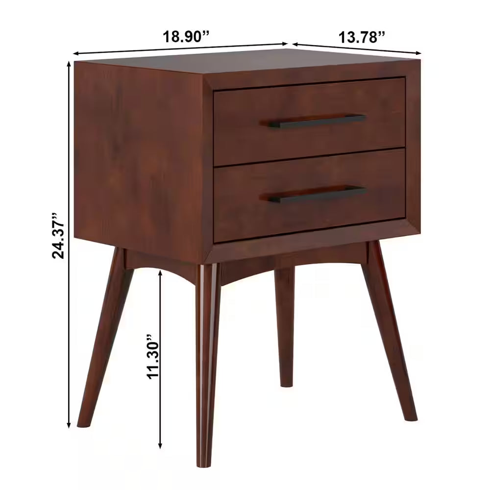 Pasadena Mid Century Modern Walnut 2 Drawer Nightstand