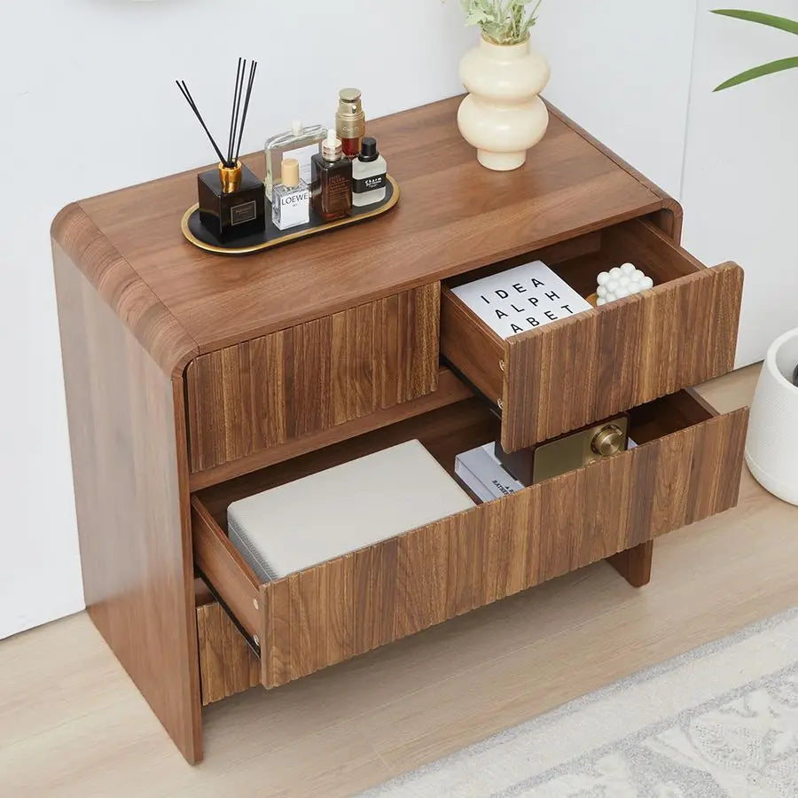 Fontaine Collection | Sculptural Brass-Accented Walnut 3-Drawer Dresser - featuring close-up joinery and artisanal finish quality in a Mid-Century Modern bedroom setting.