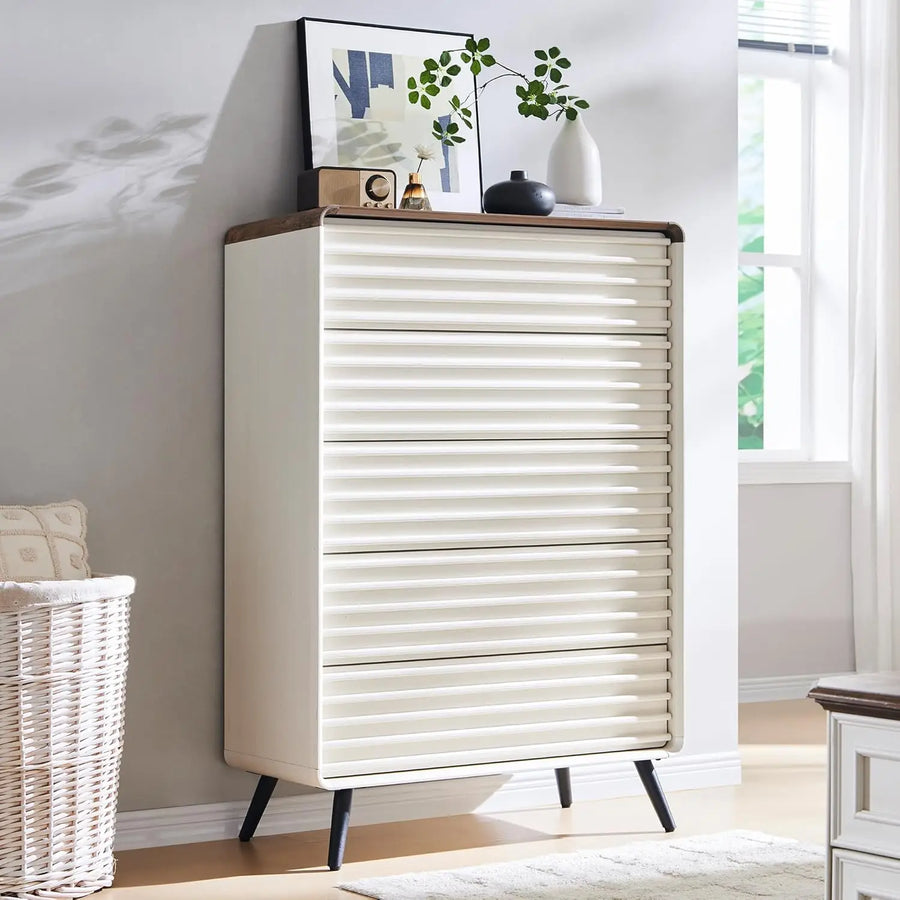 Belmont Collection | Fluted Brass-Accented Walnut Five-Drawer - showcasing full sculptural form and curated finish in a Mid-Century Modern living room setting.