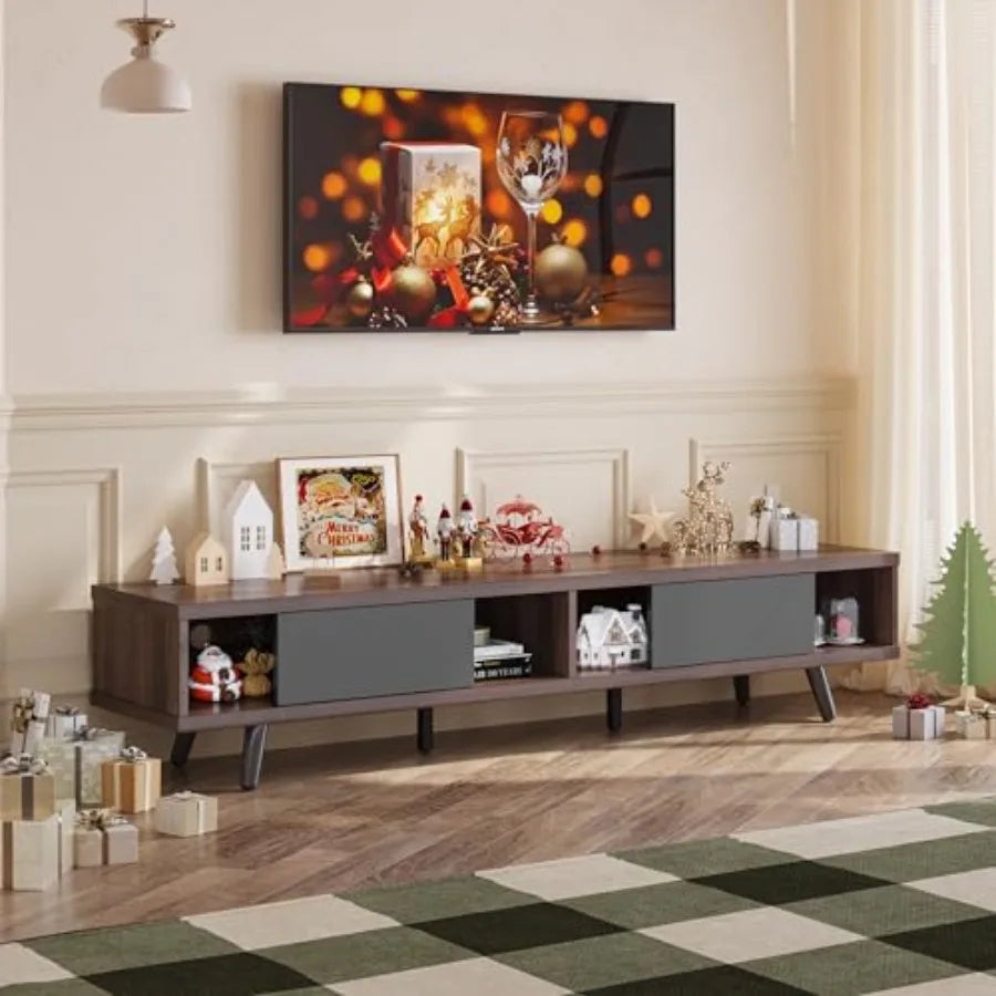 Ellington Collection | Grand Walnut Media Console - styled from an alternate angle revealing dimensional depth in a Mid-Century Modern entryway setting.