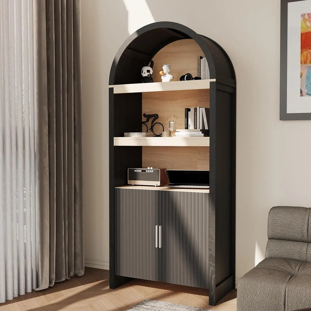 Dresden Collection | Fluted Atomic-Era Walnut Arched Bookshelf - highlighting material texture and craftsmanship detail in a Mid-Century Modern home office setting.