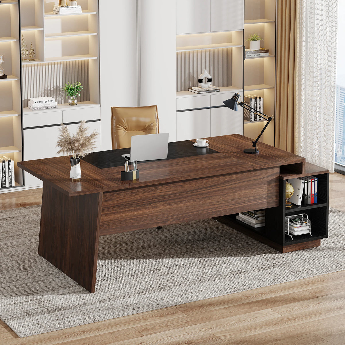 Dresden Collection | Petite Floating Walnut Executive Desk - framed in an editorial still-life composition in a Mid-Century Modern home office setting.