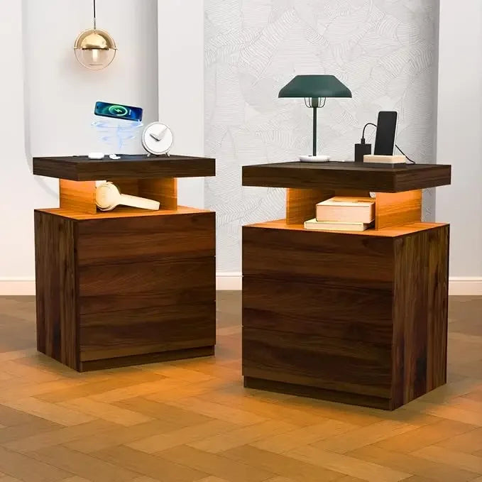Meridian Collection | Streamlined Brass-Accented LED Nightstand with Charging - showcasing full sculptural form and curated finish in a Mid-Century Modern bedroom setting.