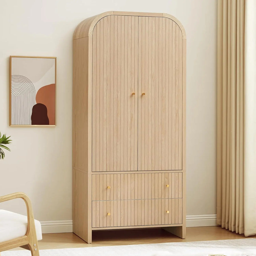 Valencia Collection | Geometric Gold-Trimmed Arched Walnut Wardrobe - showcasing full sculptural form and curated finish in a Mid-Century Modern living room setting.