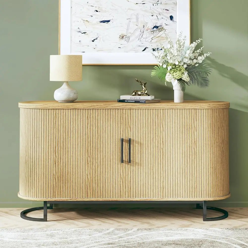 Dresden Collection | Fluted Atomic-Era Fluted Walnut Sideboard - presented at scale within a designed interior in a Mid-Century Modern living room setting.