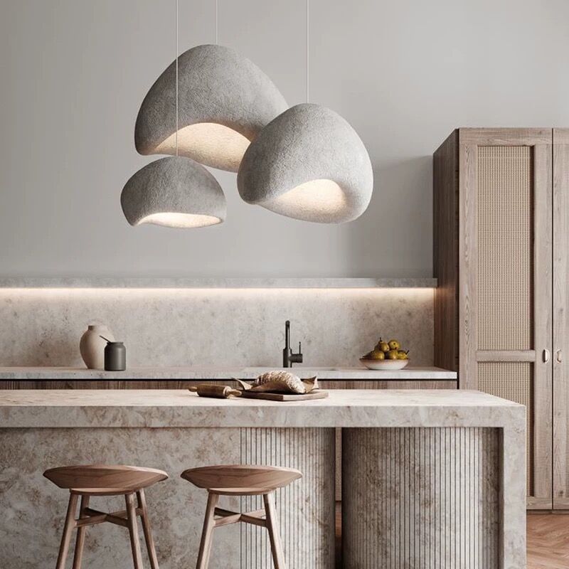 Hiroshi Collection | Sculptural Steel-Framed Bamboo & Steel Pendant - styled from an alternate angle revealing dimensional depth in a Mid-Century Modern living room setting.