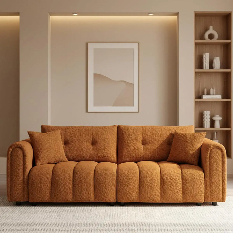 Fontaine Collection | Sculptural Atomic-Era Boucle Sofa - showcasing full sculptural form and curated finish in a Mid-Century Modern living room setting.
