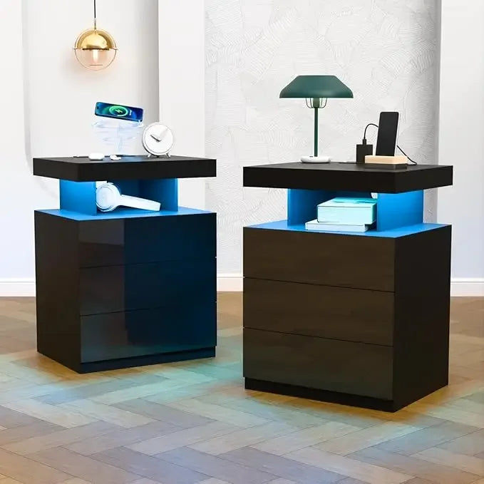 Meridian Collection | Streamlined Brass-Accented LED Nightstand with Charging - revealing tonal warmth and surface patina under ambient light in a Mid-Century Modern bedroom setting.
