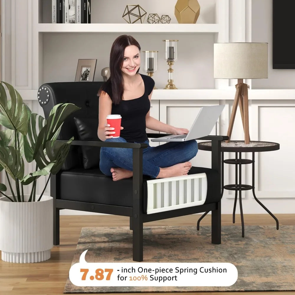 Ellington Collection | Floating Chrome-Detailed Obsidian Leather Accent Chair Set - highlighting material texture and craftsmanship detail in a Mid-Century Modern living room setting.