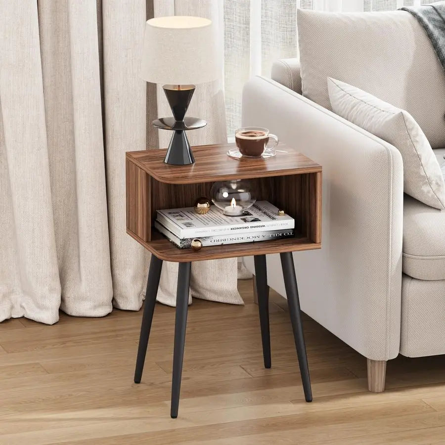 Cordoba Collection | Low-Profile Brass-Accented Walnut Nightstands - Set of 2 - showcasing full sculptural form and curated finish in a Mid-Century Modern bedroom setting.