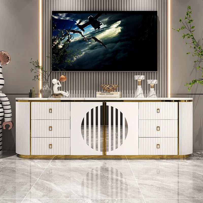 Belmont Collection | Tapered-Leg Brass-Accented Rich Walnut Media Console - showcasing full sculptural form and curated finish in a Mid-Century Modern entryway setting.