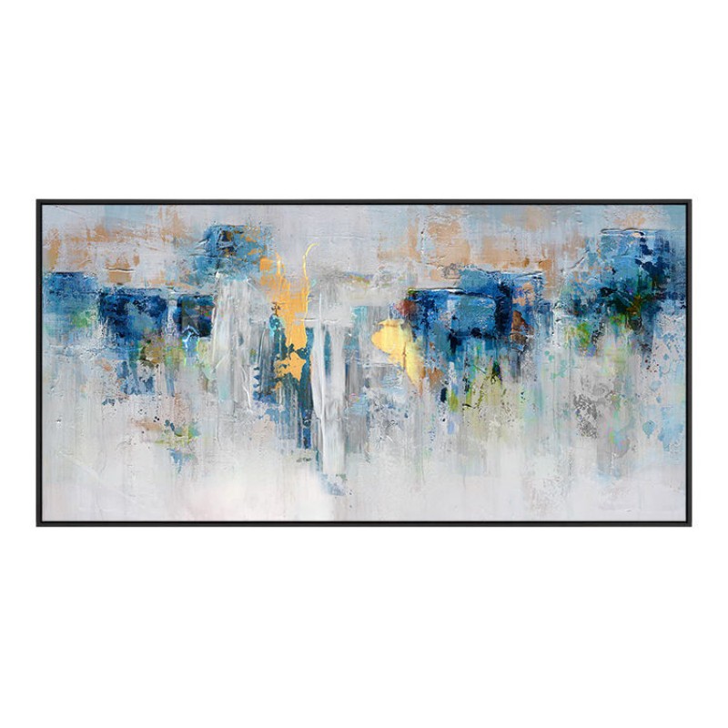 Mid-Century Modern Blue and Gold Handmade Oil Painting - Elegant Canvas Wall Art