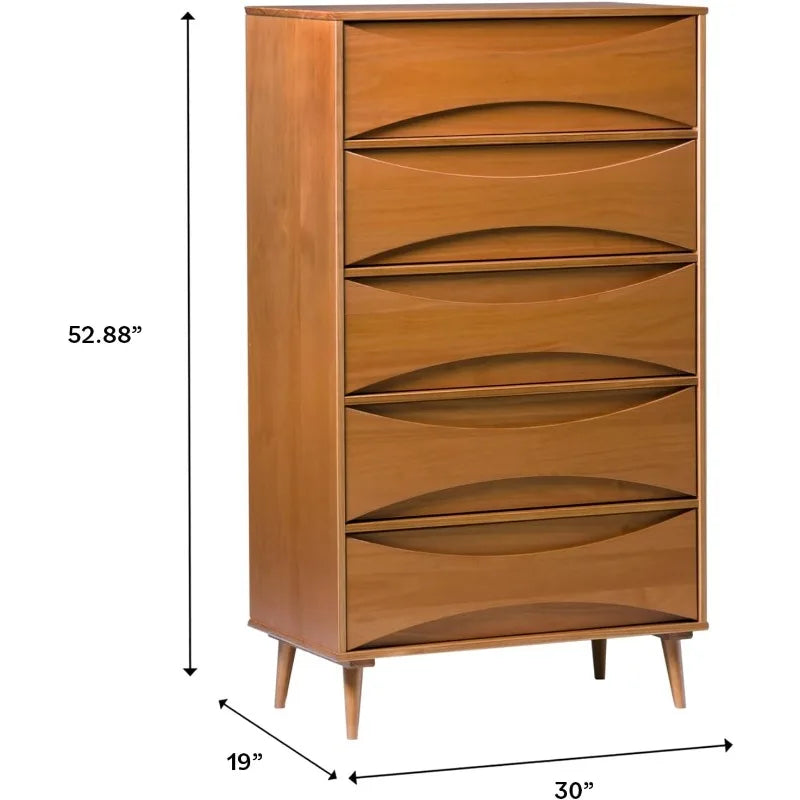Dresden Collection | Geometric Brass-Accented Caramel-Finished Solid Wood Dresser - presented at scale within a designed interior in a Mid-Century Modern bedroom setting.