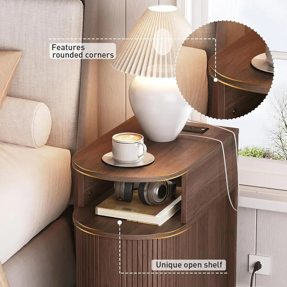 Dresden Collection | Fluted Brass-Accented Walnut Charging Station - styled from an alternate angle revealing dimensional depth in a Mid-Century Modern living room setting.