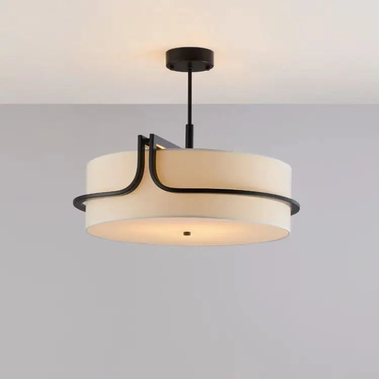 Dresden Collection | Geometric Round Fabric Chandelier - featuring close-up joinery and artisanal finish quality in a Mid-Century Modern living room setting.