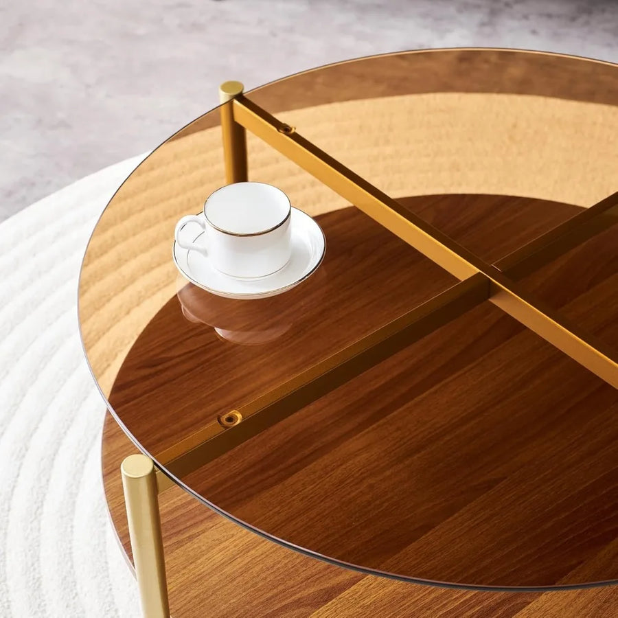 Astoria Collection | Geometric Glass-Top Amber Glass Coffee Table - showcasing full sculptural form and curated finish in a Mid-Century Modern living room setting.