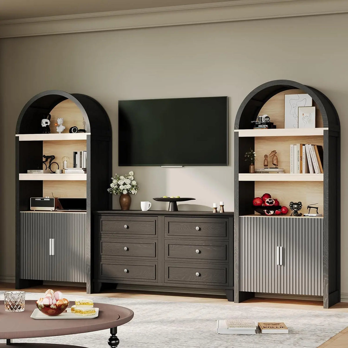 Dresden Collection | Fluted Atomic-Era Walnut Arched Bookshelf - showcasing full sculptural form and curated finish in a Mid-Century Modern home office setting.
