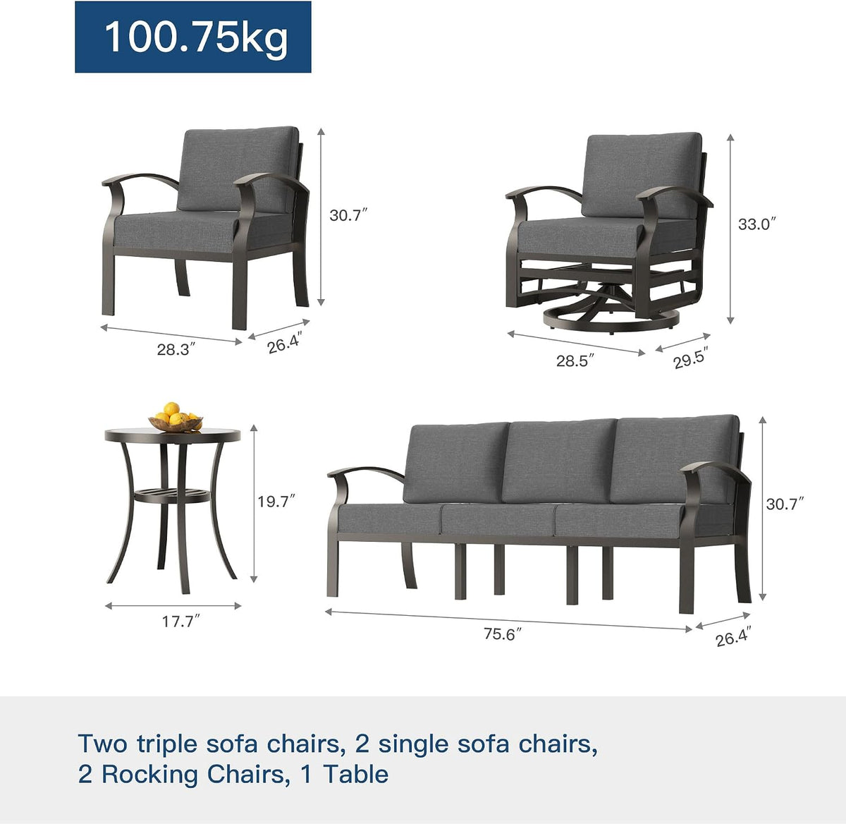 Aluminum Patio Furniture Set,7 Piece Modern Metal Outdoor Patio Furniture W/5.1'' Thick Cushion and Swivel Chairs,Patio Conversation Sets for Porch,Deck,Grey