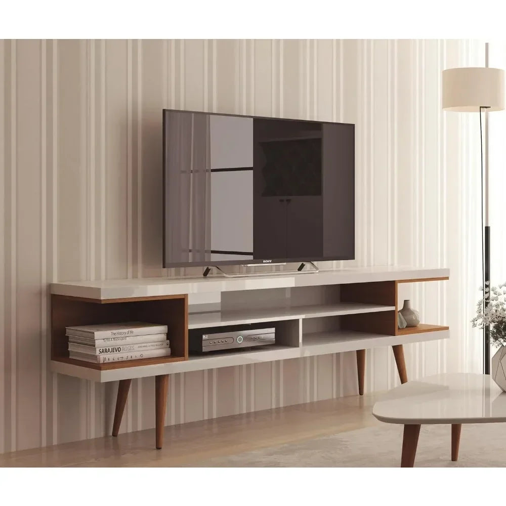 Fontaine Collection | Tapered-Leg Desert-Modern Walnut Media Console - styled from an alternate angle revealing dimensional depth in a Mid-Century Modern entryway setting.