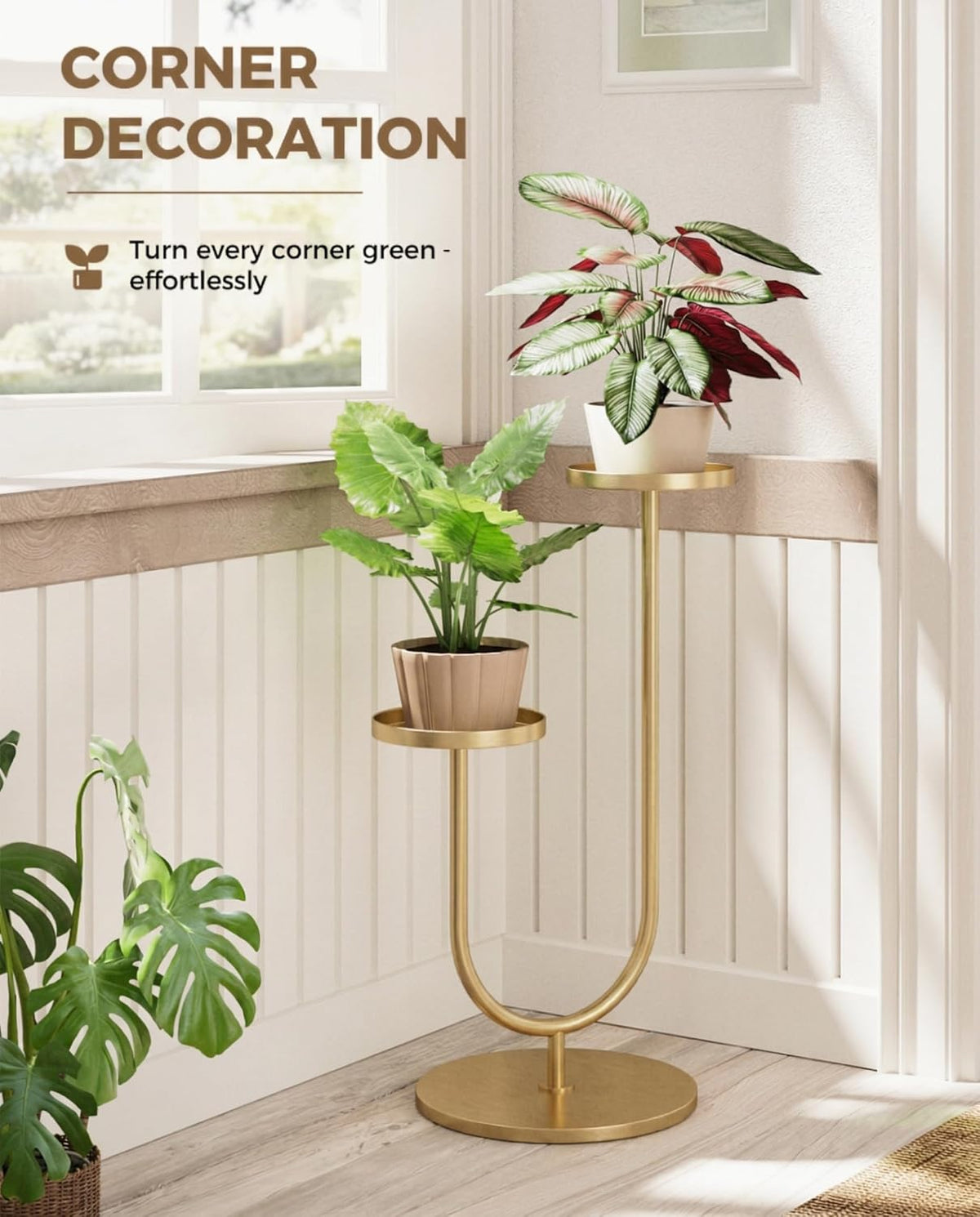 Indoor Corner Plant Stands 2 Tier Plant Shelf for Tall Plant Holder Black Plant Shelves for Living Room Bedroom Midcentury Modern Home Decor(Gold)