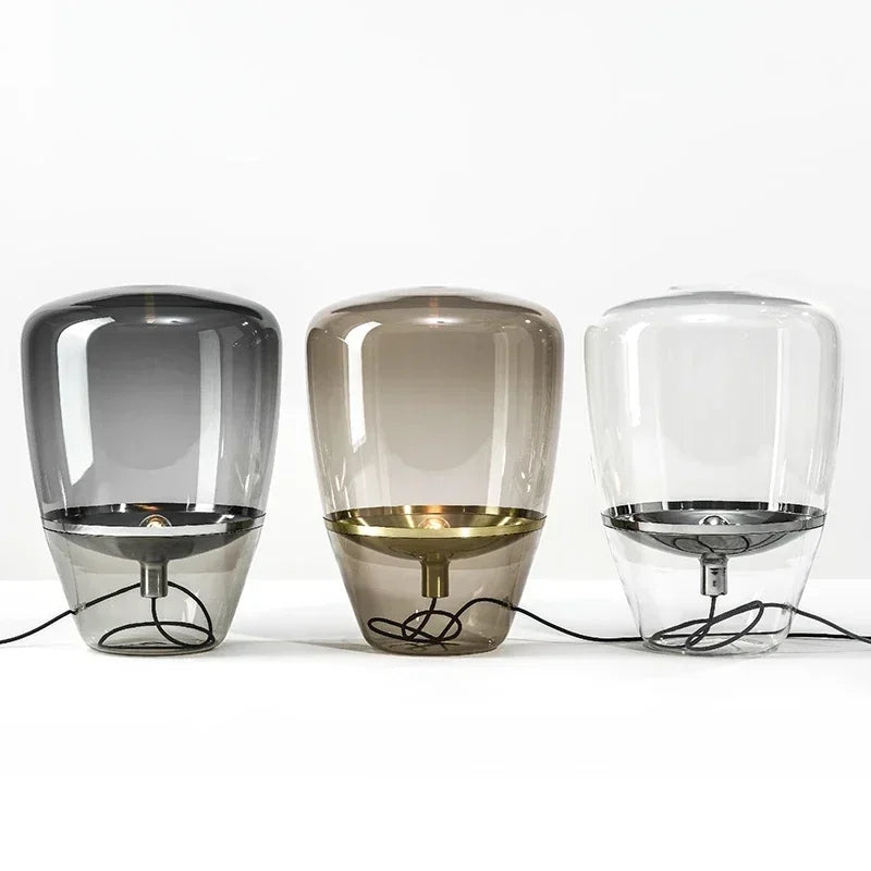 Astoria Collection | Sculptural Glass-Topped Czech Crystal Table Lamp - framed in an editorial still-life composition in a Mid-Century Modern living room setting.