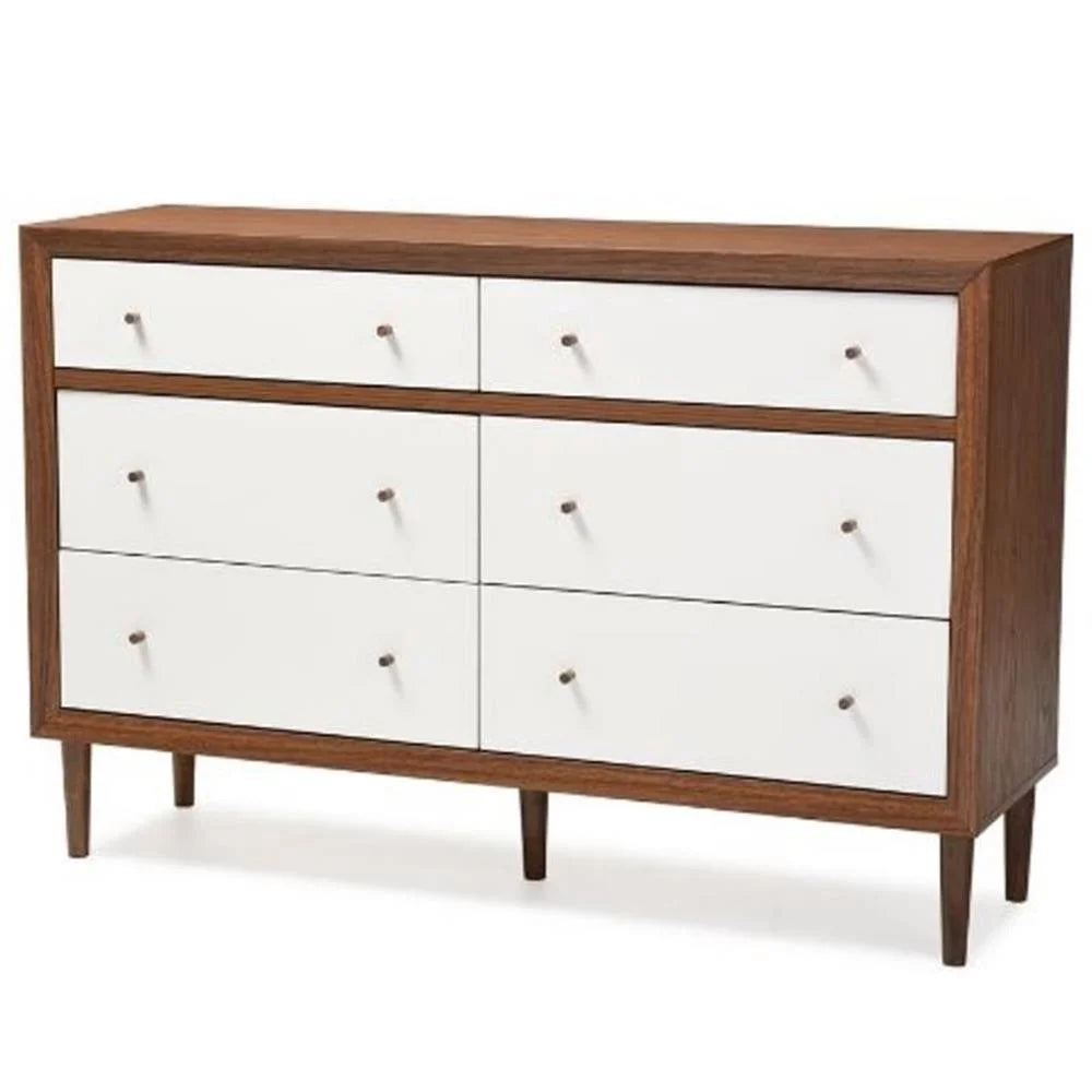 Baxton Studio Harlow Mid-Century Modern Scandinavian Style White and Walnut Wood 6-Drawer Storage Dresser