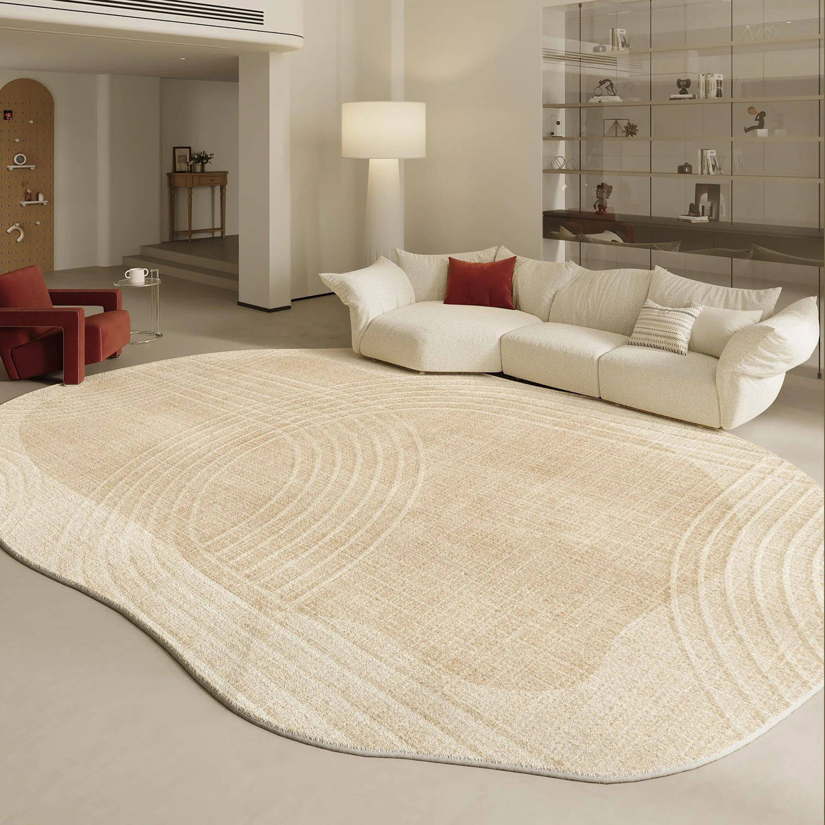 Fontaine Collection | Geometric Atomic-Era Irregular-Form Carpet - detail view 12 revealing design nuance in a Mid-Century Modern living room setting.