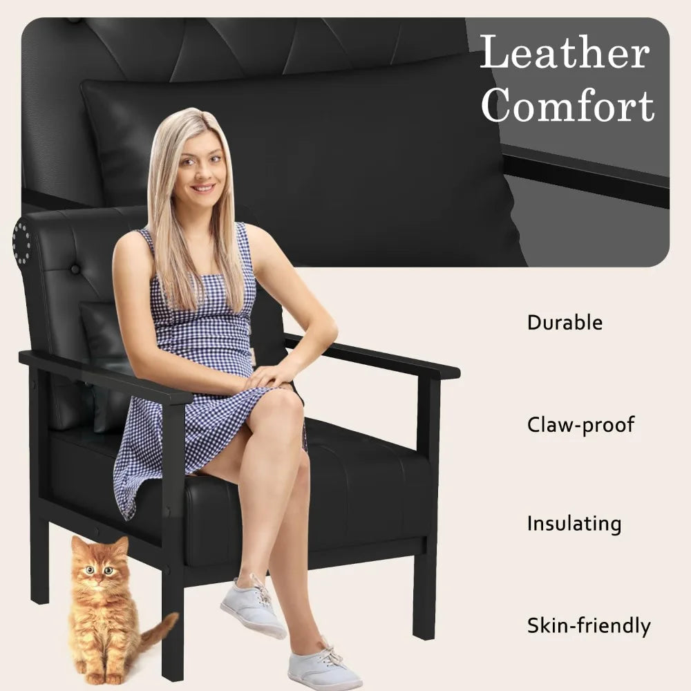 Ellington Collection | Floating Chrome-Detailed Obsidian Leather Accent Chair Set - presented at scale within a designed interior in a Mid-Century Modern living room setting.