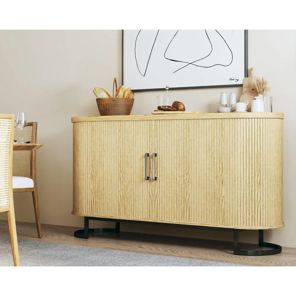 Dresden Collection | Fluted Atomic-Era Fluted Walnut Sideboard - highlighting material texture and craftsmanship detail in a Mid-Century Modern living room setting.
