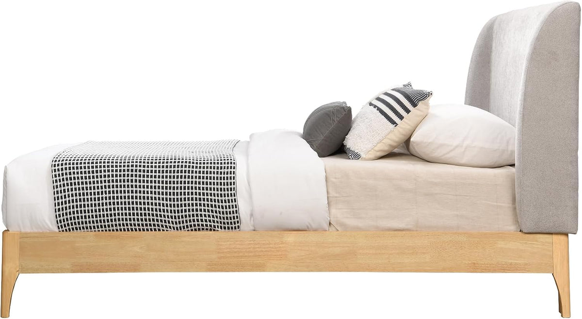 Meridian Furniture Venturagrey-T Ventura Collection Mid-Century Modern Upholstered Twin Bed, Soft Grey Fabric, Finished Rubberwood Legs, Slats, 44" W X 77.5" D X 44.5" H, Grey, Twin