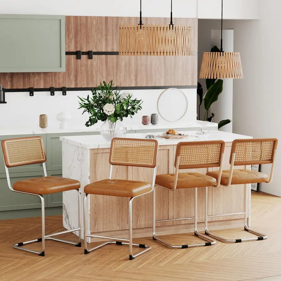 Astoria Collection | Sculptural Rattan-Woven Woven Rattan Bar Stool Set - captured in a curated lifestyle vignette in a Mid-Century Modern dining room setting.