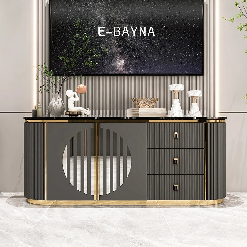 Belmont Collection | Tapered-Leg Brass-Accented Rich Walnut Media Console - detail view 13 revealing design nuance in a Mid-Century Modern entryway setting.