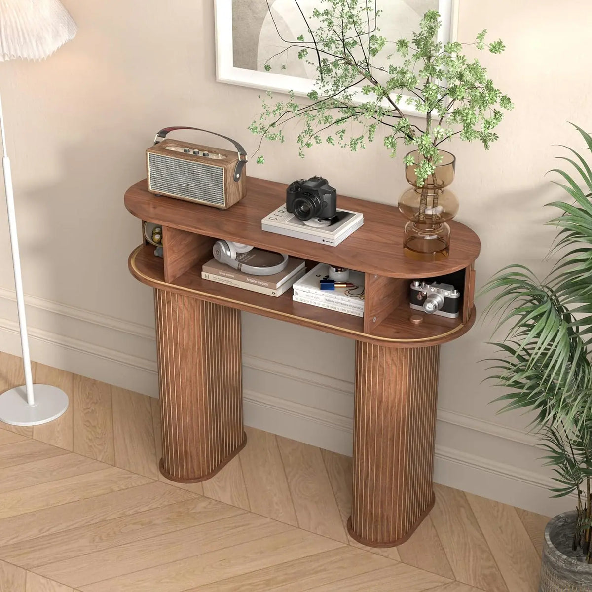 Fontaine Collection | Tapered-Leg Gold-Trimmed Walnut Round Console - showcasing full sculptural form and curated finish in a Mid-Century Modern entryway setting.