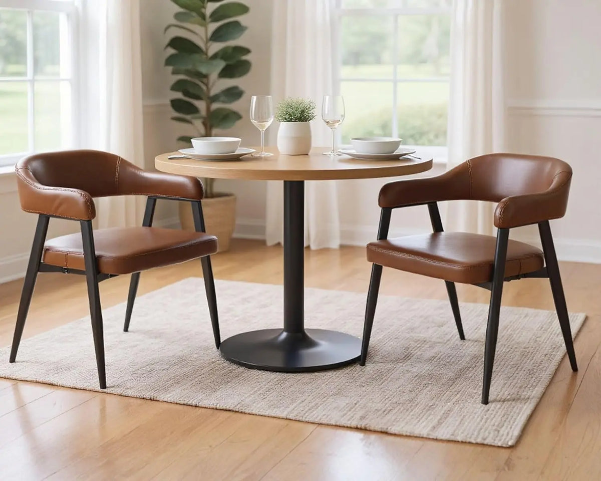 Astoria Collection | Geometric Marble-Topped Leather Armchairs - Set of 2 - exhibiting shadow play and geometric silhouette detail in a Mid-Century Modern living room setting.