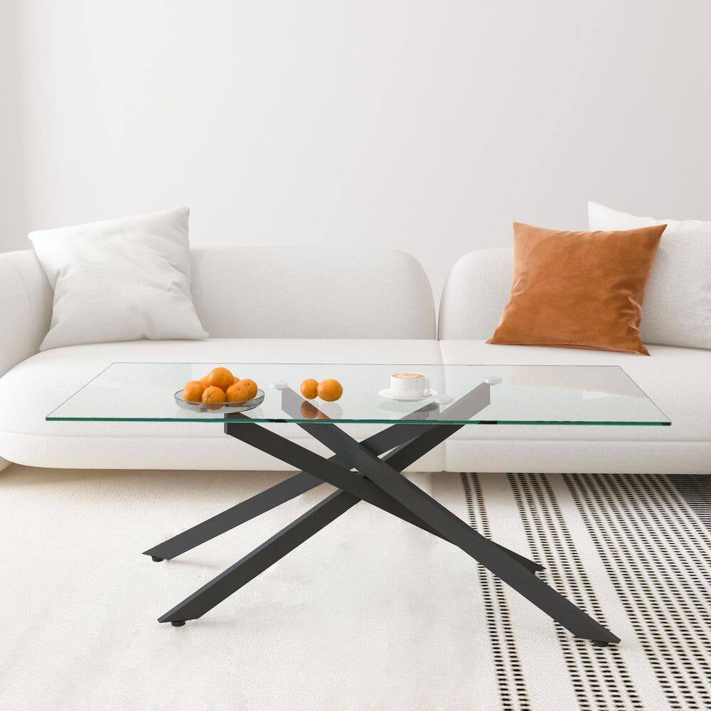 47.2 In. Rectangle Clear Tempered Glass Coffee Table with Black Metal Legs, Modern Living Room Accent Furniture