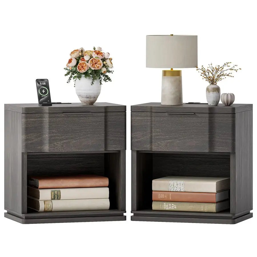 Ellington Collection | Tapered-Leg Brass-Accented Curved Walnut Nightstand - highlighting material texture and craftsmanship detail in a Mid-Century Modern bedroom setting.