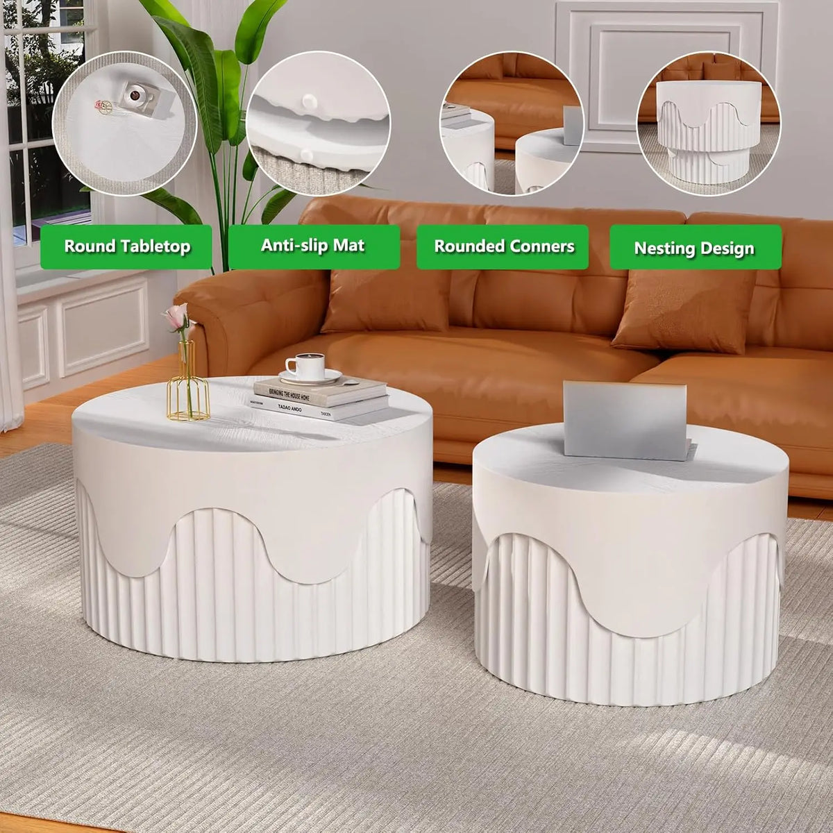 Belmont Collection | Tapered-Leg Circular Walnut Nesting Tables - detail view 20 revealing design nuance in a Mid-Century Modern living room setting.