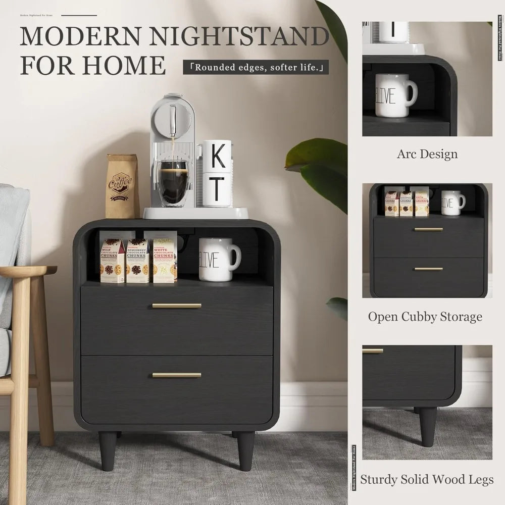 Meridian Collection | Tapered-Leg Walnut Charging Nightstand - featuring close-up joinery and artisanal finish quality in a Mid-Century Modern bedroom setting.