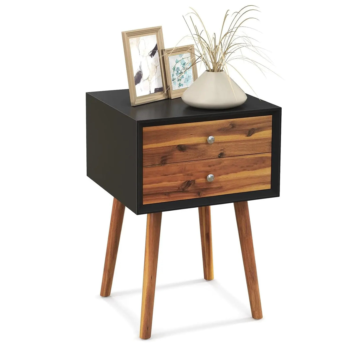 Dresden Collection | Drawer Walnut Nightstand - exhibiting shadow play and geometric silhouette detail in a Mid-Century Modern bedroom setting.