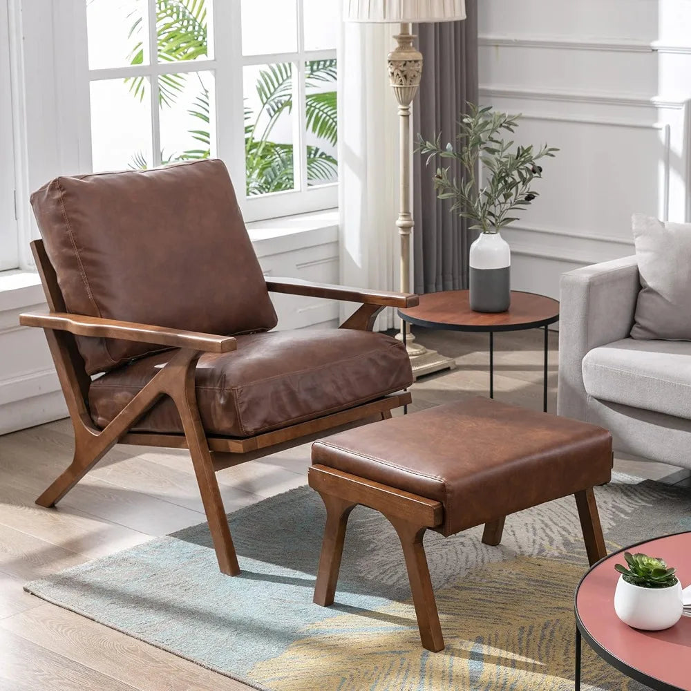 Ellington Collection | Angular Leather-Wrapped Walnut & Leather Set - showcasing full sculptural form and curated finish in a Mid-Century Modern living room setting.