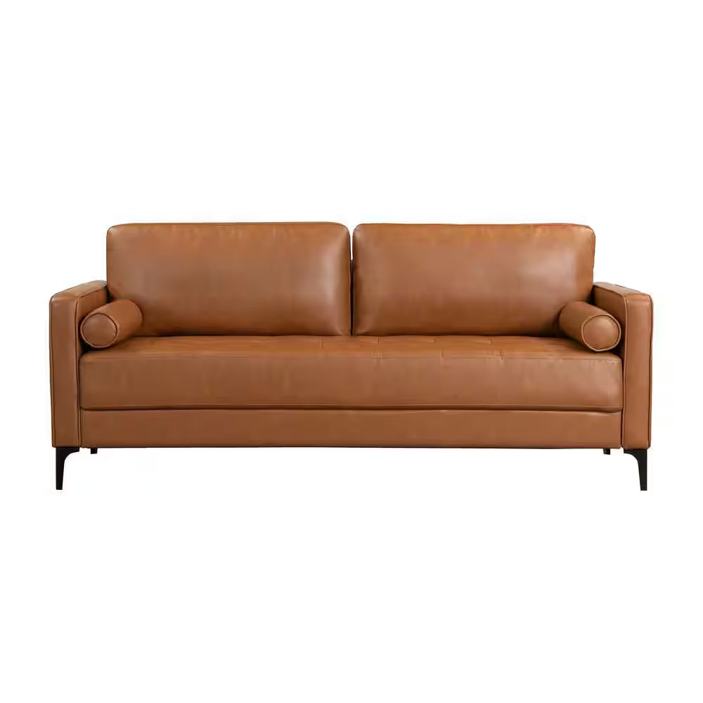 Goodwin 75.6 In. Square Arm Faux Leather Mid-Century Modern Sofa with Bolster Pillows in Caramel Brown