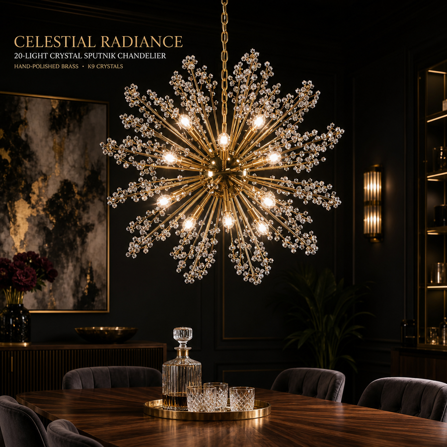 Astoria Collection | Brass-Accented Atomic-Era Crystal Sputnik Chandelier - showcasing full sculptural form and curated finish in a Mid-Century Modern living room setting.