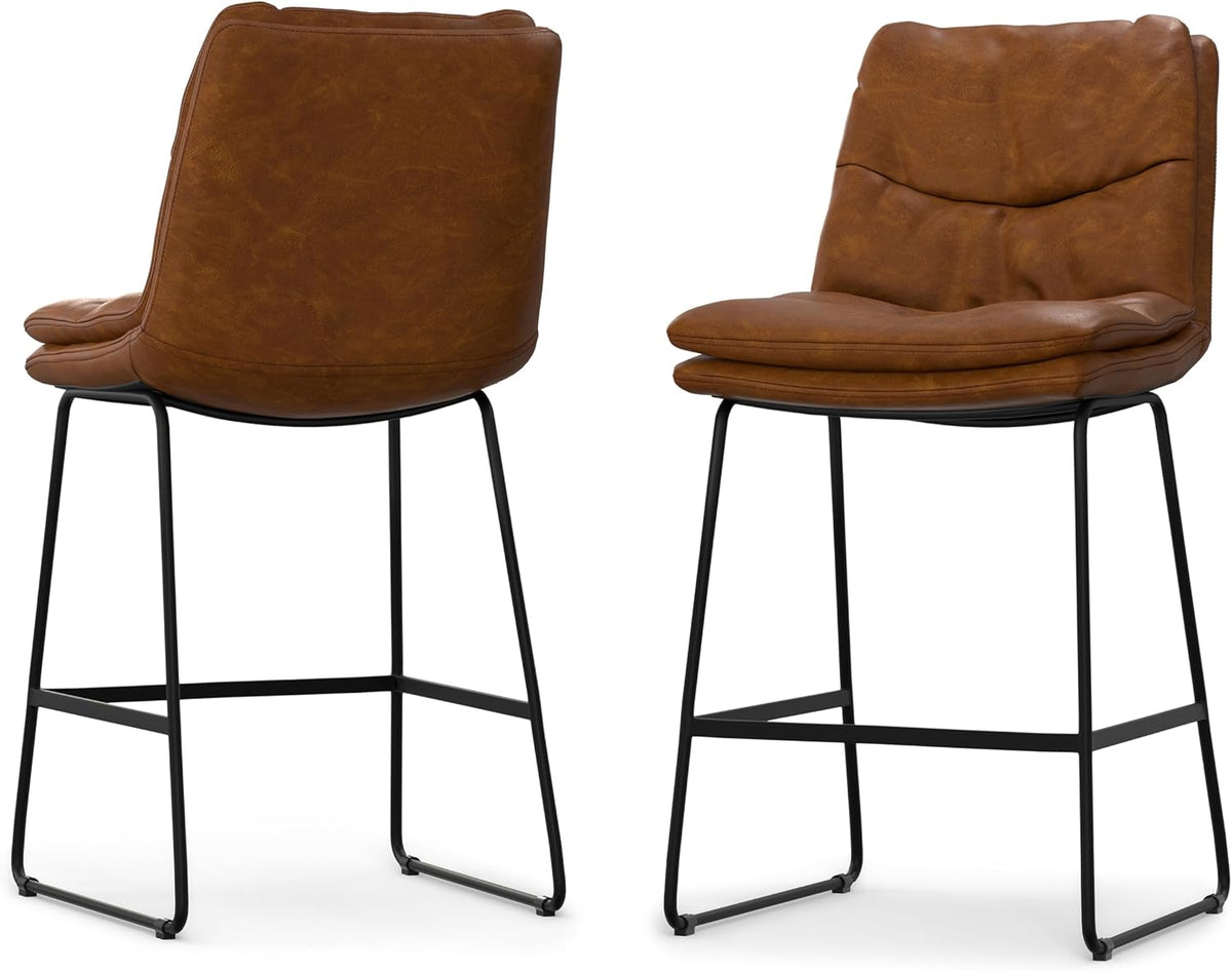 SIMPLIHOME Raya 24" Seat Height Vegan Leather Counter Stool (Set of 2) | Aqua Blue, Mid-Century Counter Stools with Curved Backrest and Footrest; Upholstered Kitchen or Bar Seating.