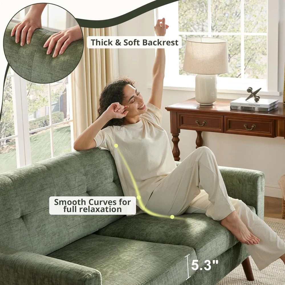 Ellington Collection | Panoramic Tapered-Leg Walnut Loveseat - styled from an alternate angle revealing dimensional depth in a Mid-Century Modern living room setting.