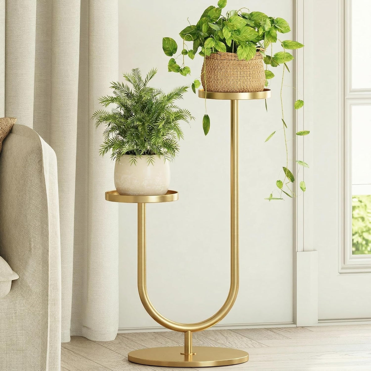 Indoor Corner Plant Stands 2 Tier Plant Shelf for Tall Plant Holder Black Plant Shelves for Living Room Bedroom Midcentury Modern Home Decor(Gold)