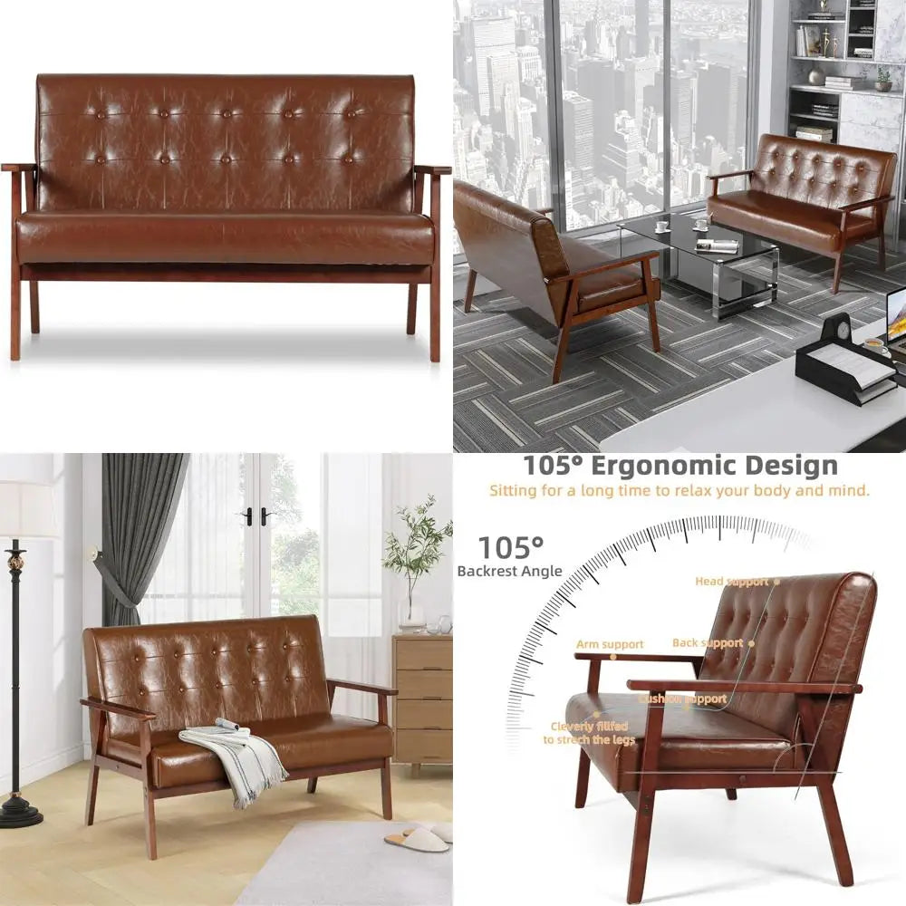 Belmont Collection | Geometric Leather-Wrapped Leather & Walnut Loveseat - highlighting material texture and craftsmanship detail in a Mid-Century Modern living room setting.