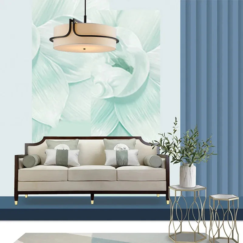 Dresden Collection | Geometric Round Fabric Chandelier - showcasing full sculptural form and curated finish in a Mid-Century Modern living room setting.