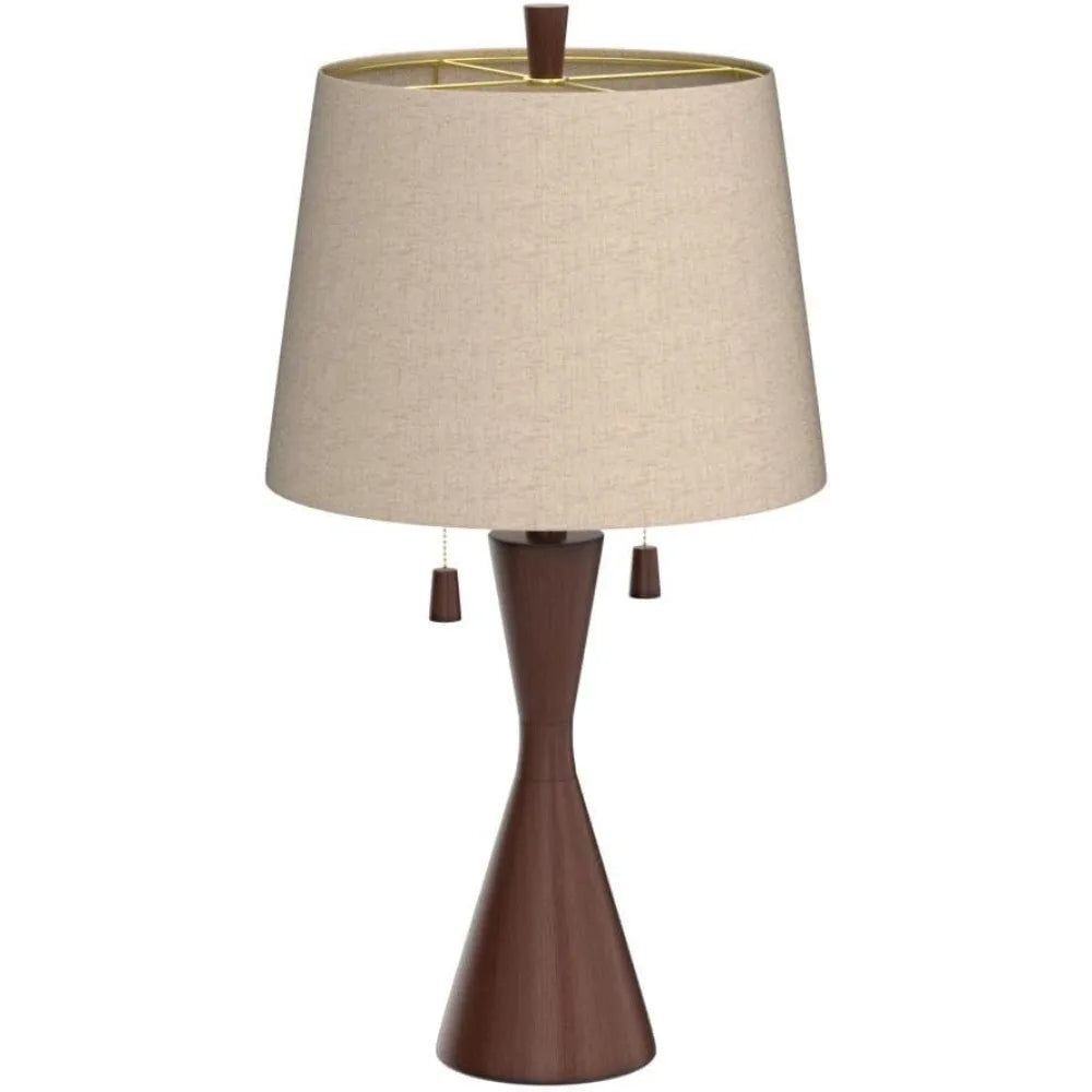 Astoria Collection | Tapered-Leg Brass-Accented Brushed Brass Table Lamp Set - styled from an alternate angle revealing dimensional depth in a Mid-Century Modern living room setting.